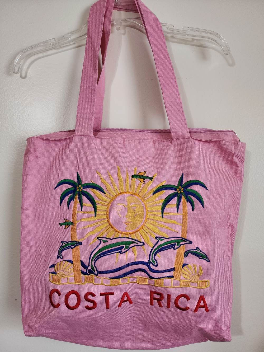 Costa Rica Embroidered Pink Canvas Tote Bag